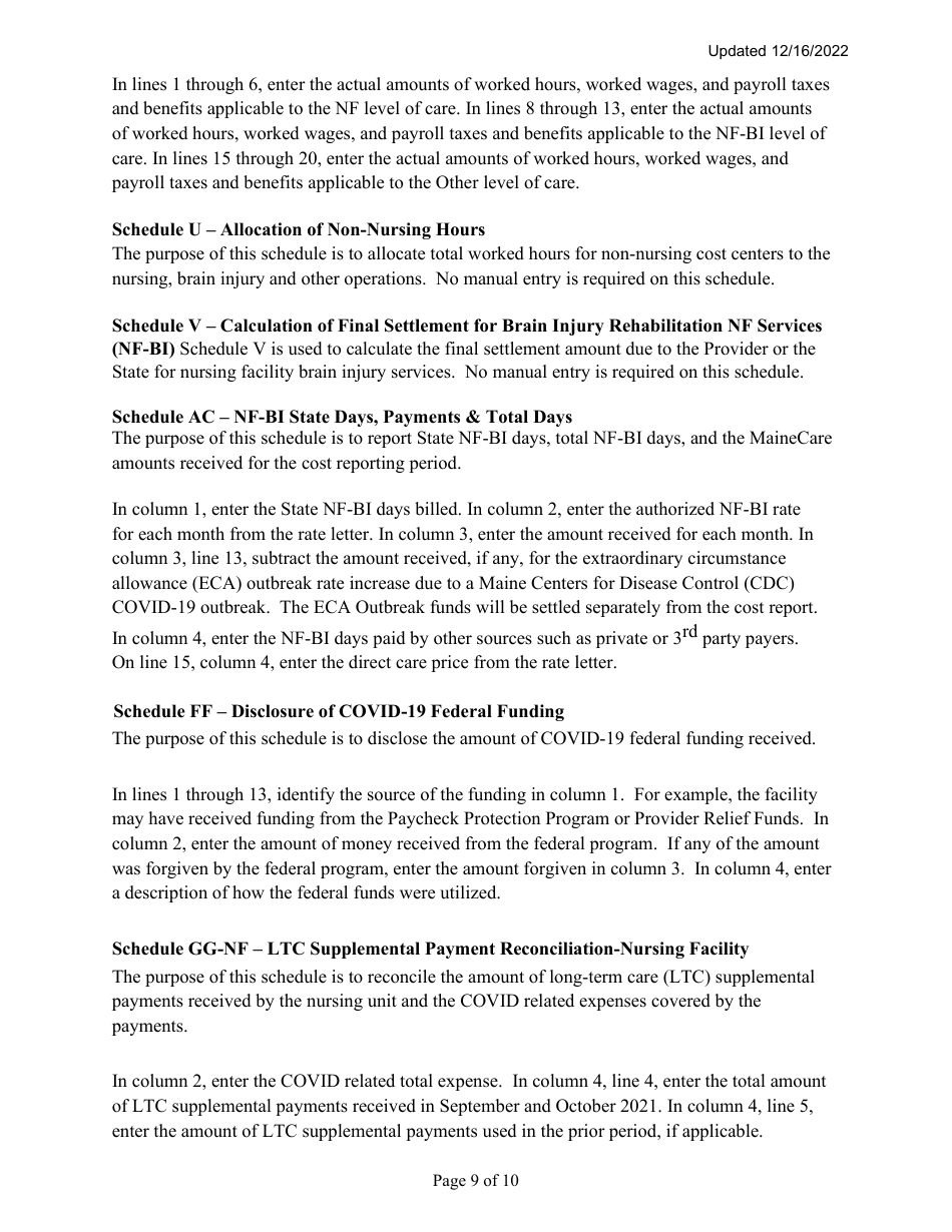 Instructions for Mainecare Cost Report for Nursing Care Facilities - Multi-Level With Brain Injury Unit - Maine, Page 9