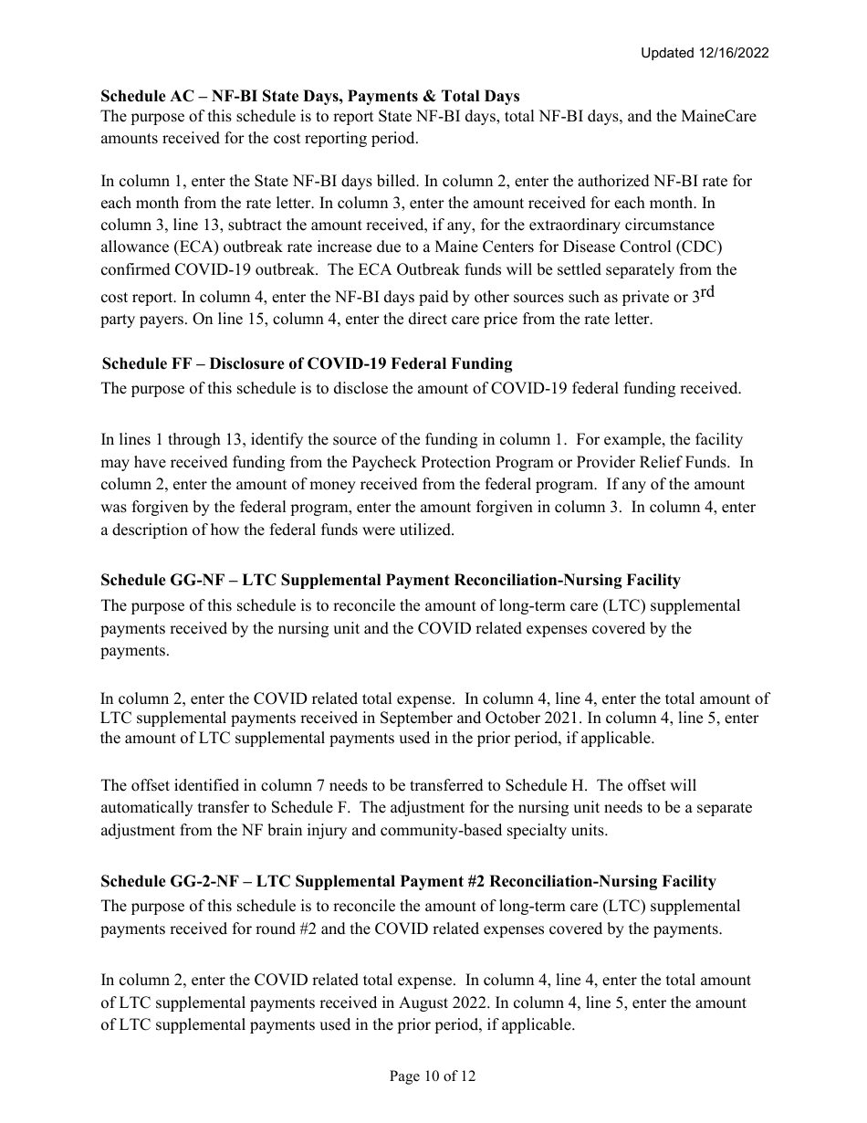 Instructions for Mainecare Cost Report for Nursing Care Facilities - Multi-Level With a Cbs Unit and a BI Unit - Maine, Page 10