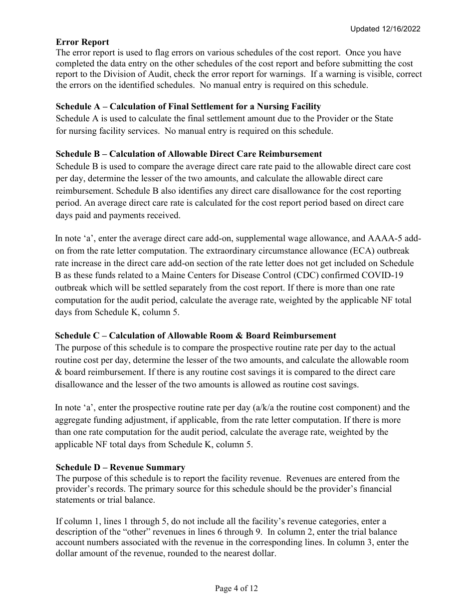 Instructions for Mainecare Cost Report for Nursing Care Facilities - Multi-Level With a Cbs Unit and a BI Unit - Maine, Page 4