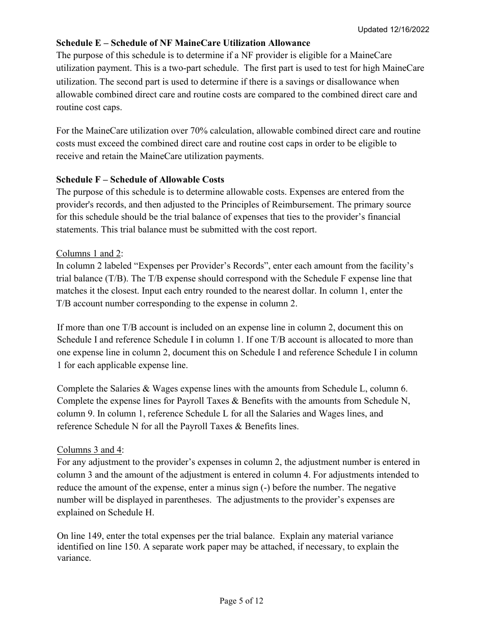 Instructions for Mainecare Cost Report for Nursing Care Facilities - Multi-Level With a Cbs Unit and a BI Unit - Maine, Page 5