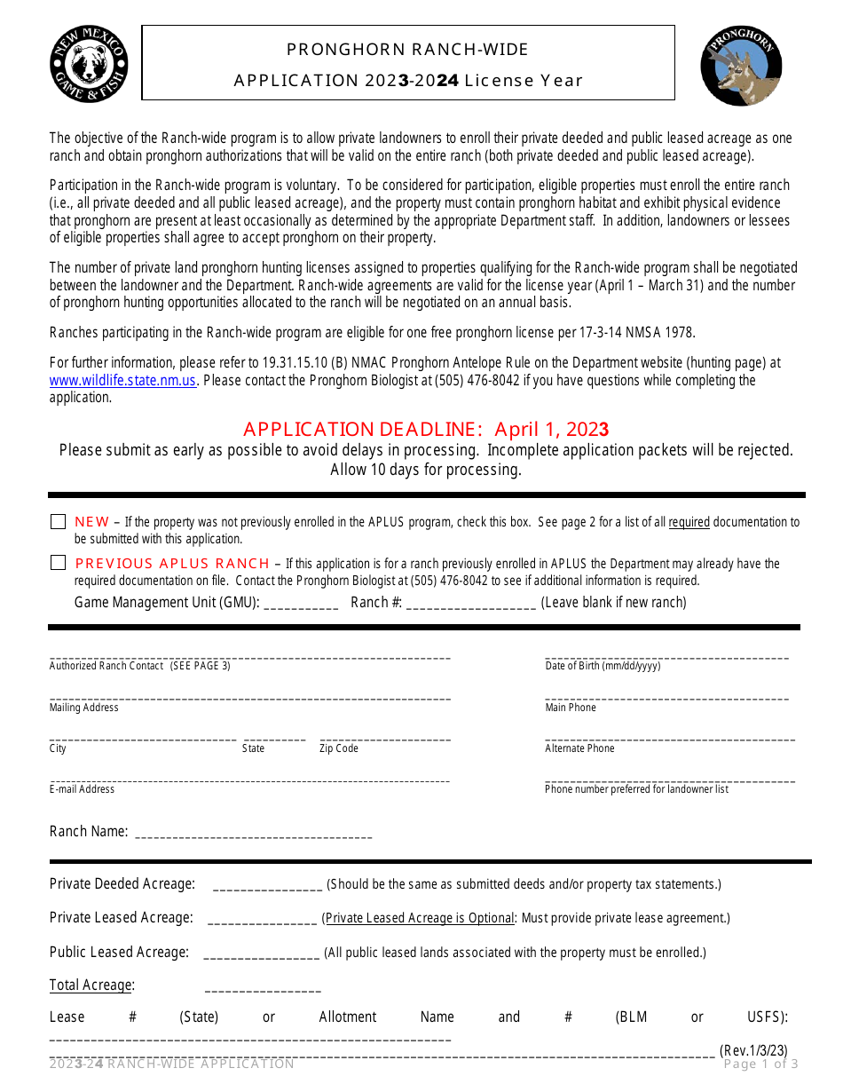 2024 New Mexico Pronghorn RanchWide Application Fill Out, Sign