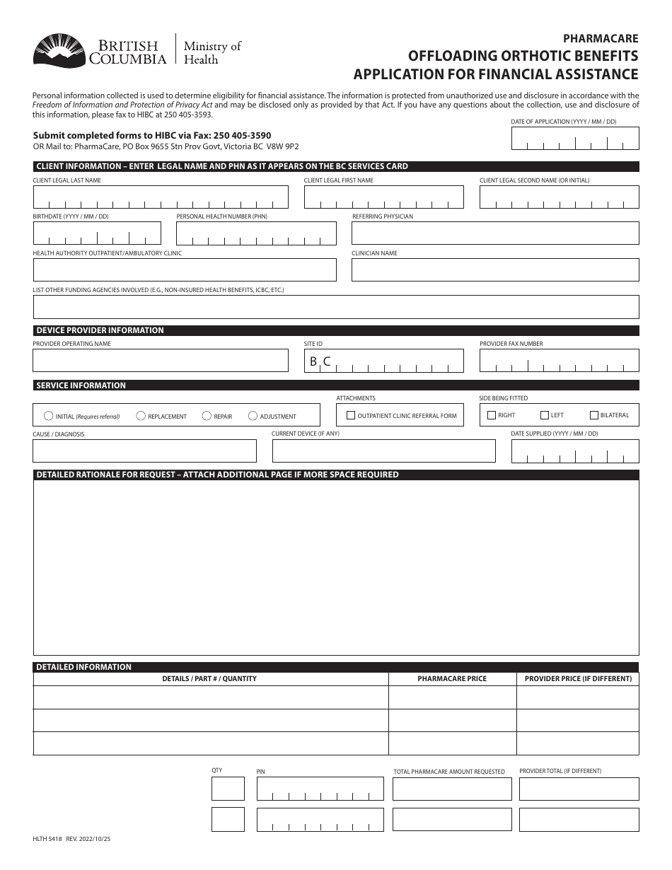 Form HLTH5418 Pharmacare Offloading Orthotic Benefits Application for Financial Assistance - British Columbia, Canada, Page 1