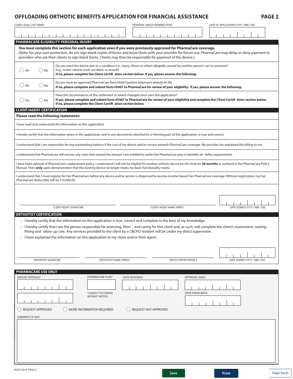 Form HLTH5418 Pharmacare Offloading Orthotic Benefits Application for Financial Assistance - British Columbia, Canada, Page 2