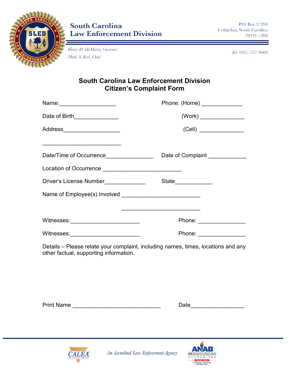 Citizens Complaint Form - South Carolina, Page 1