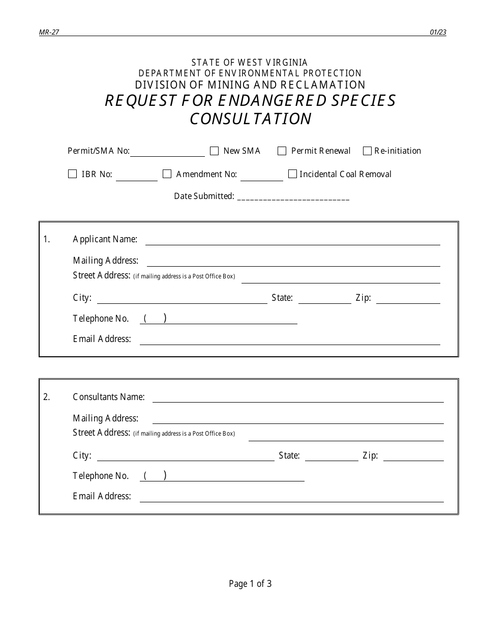 Form MR-27 Request for Endangered Species Consultation - West Virginia, Page 1