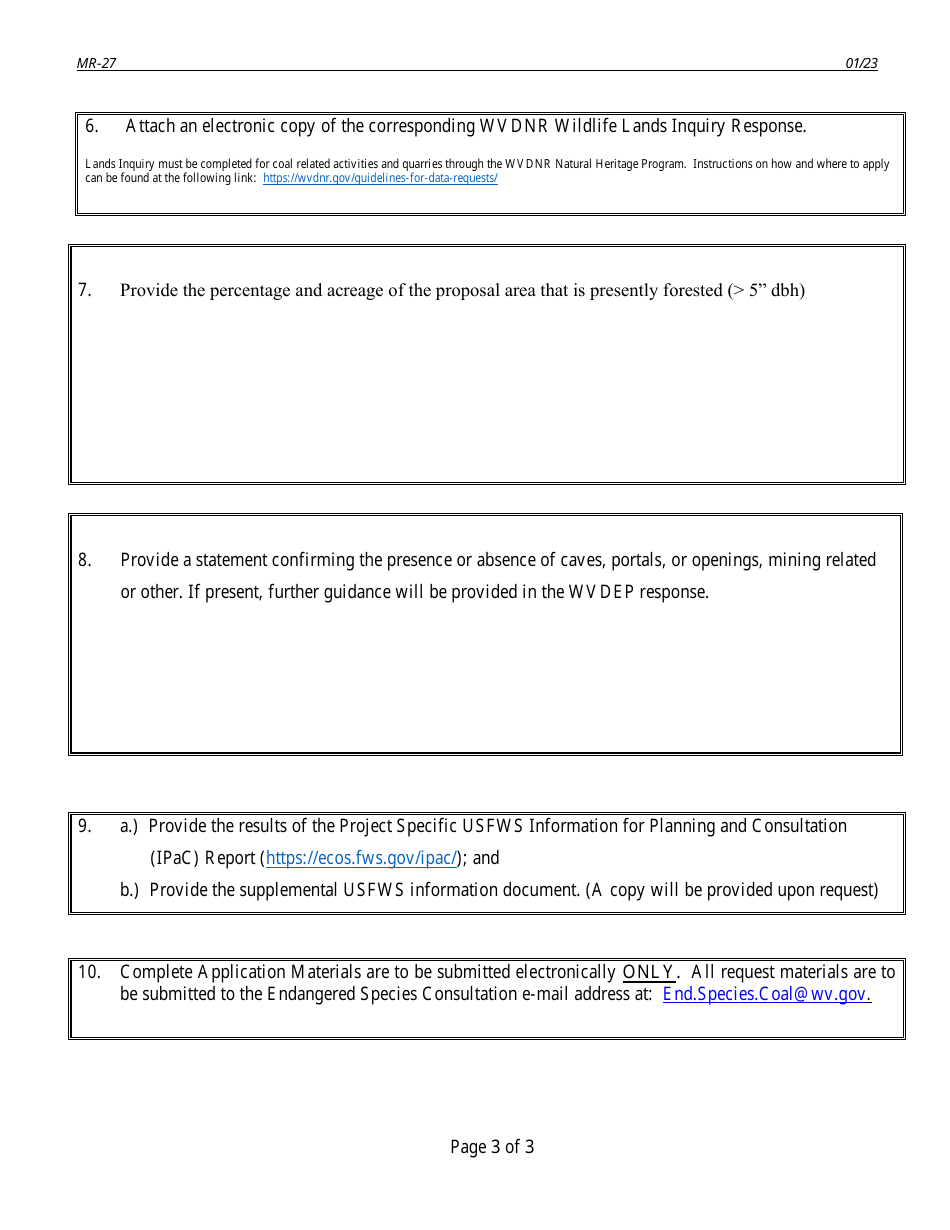Form MR-27 Request for Endangered Species Consultation - West Virginia, Page 3