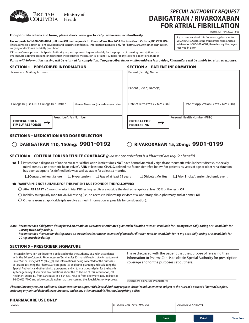 Form HLTH5391 Download Fillable PDF or Fill Online Special Authority Request Dabigatran
