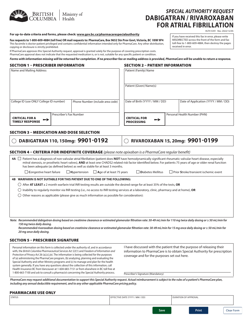 Form HLTH5391 Special Authority Request - Dabigatran / Rivaroxaban for Atrial Fibrillation - British Columbia, Canada, Page 1