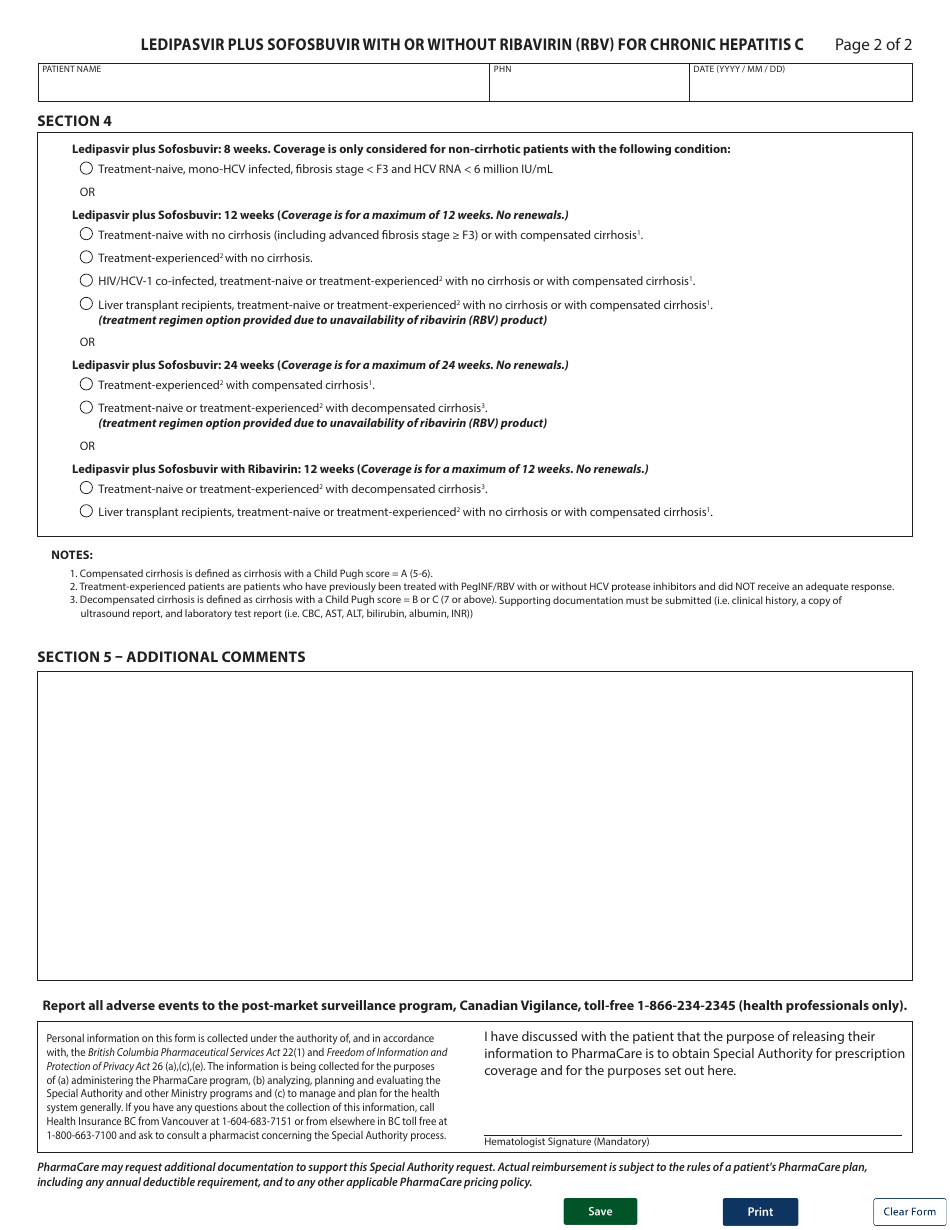 Form HLTH5478 Special Authority Request - Ledipasvir Plus Sofosbuvir With or Without Ribavirin (Rbv) for Chronic Hepatitis C - British Columbia, Canada, Page 2