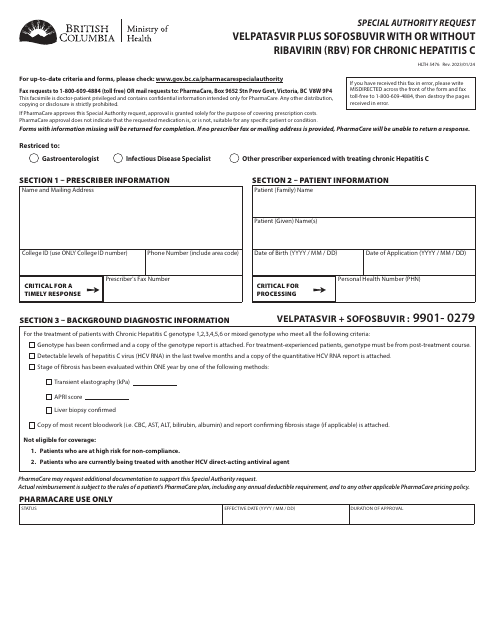 Form HLTH5476 Special Authority Request - Velpatasvir Plus Sofosbuvir With or Without Ribavirin (Rbv) for Chronic Hepatitis C - British Columbia, Canada