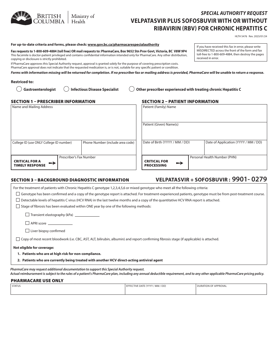 Form HLTH5476 Special Authority Request - Velpatasvir Plus Sofosbuvir With or Without Ribavirin (Rbv) for Chronic Hepatitis C - British Columbia, Canada, Page 1