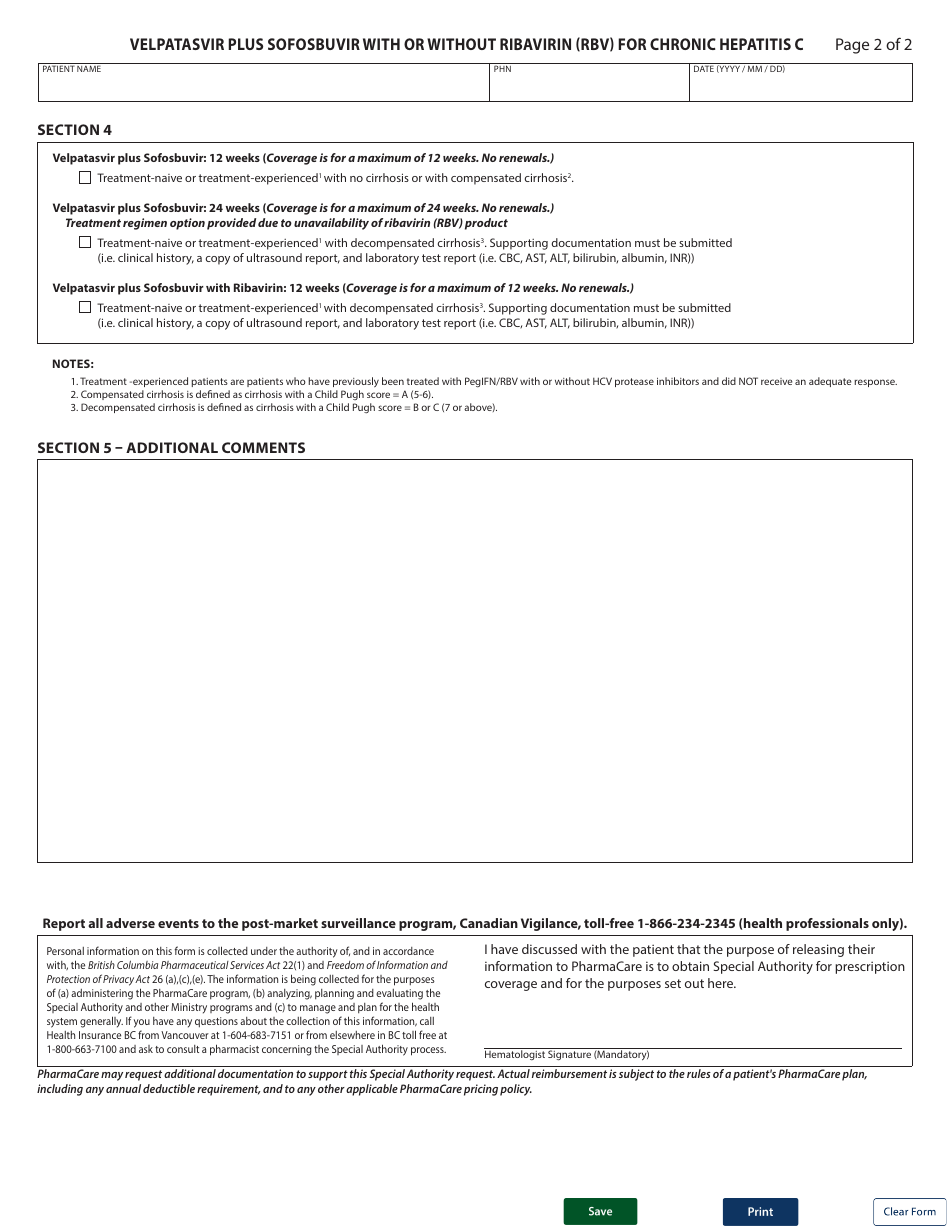 Form HLTH5476 Special Authority Request - Velpatasvir Plus Sofosbuvir With or Without Ribavirin (Rbv) for Chronic Hepatitis C - British Columbia, Canada, Page 2