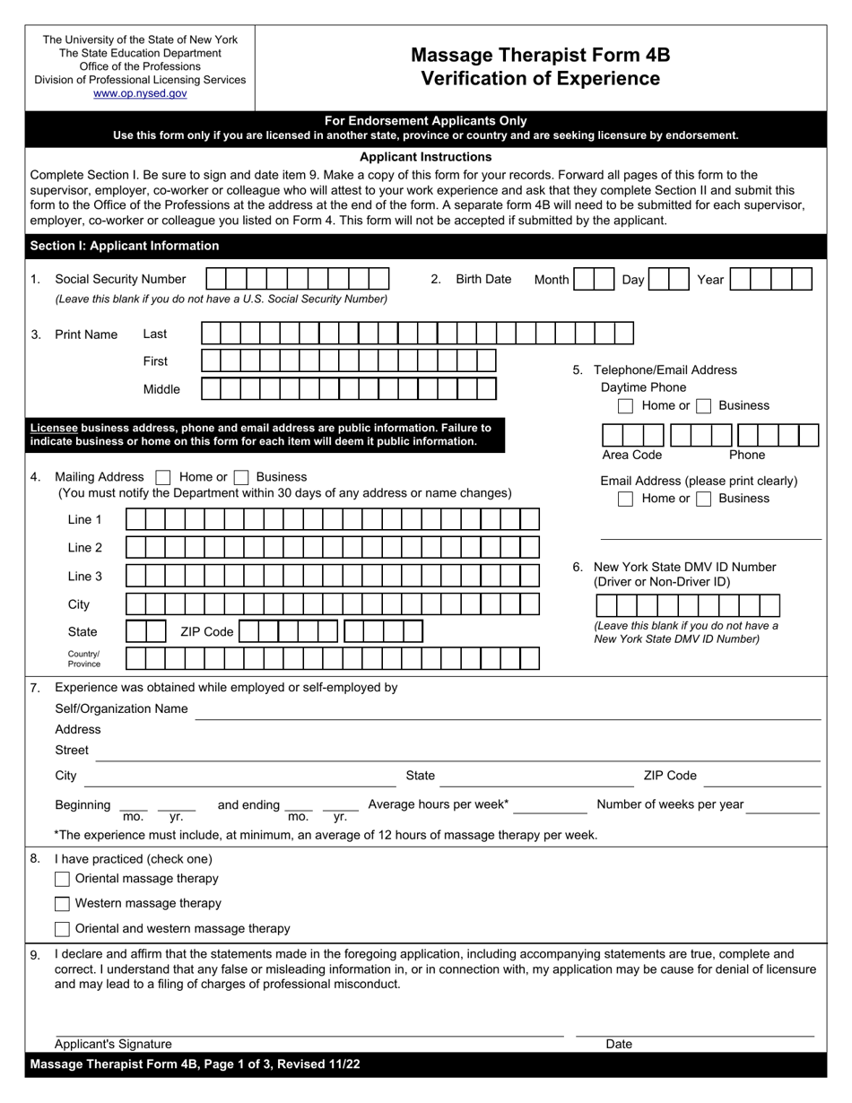 Massage Therapist Form 4B Verification of Experience - New York, Page 1