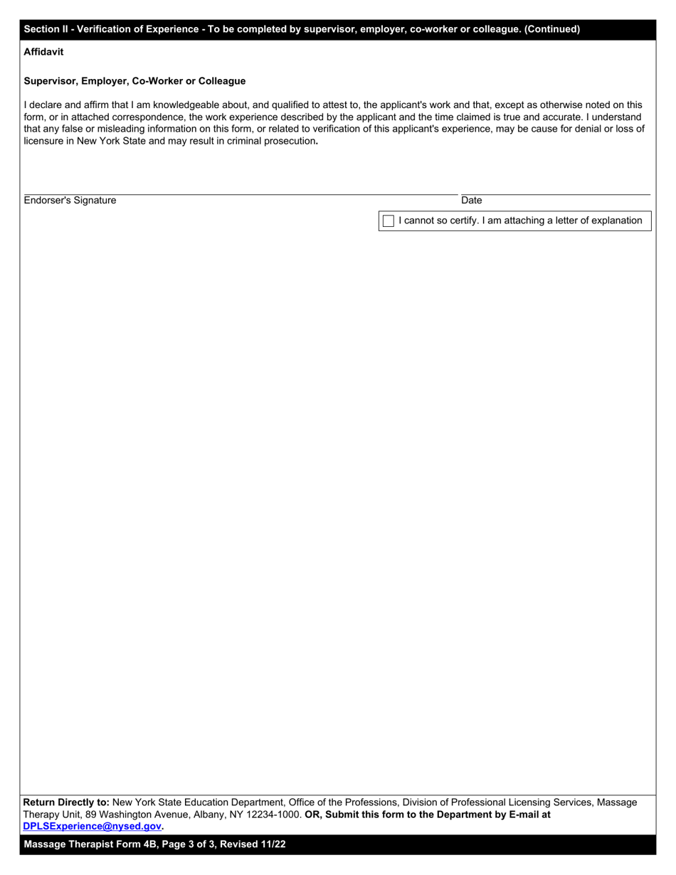 Massage Therapist Form 4B Verification of Experience - New York, Page 3