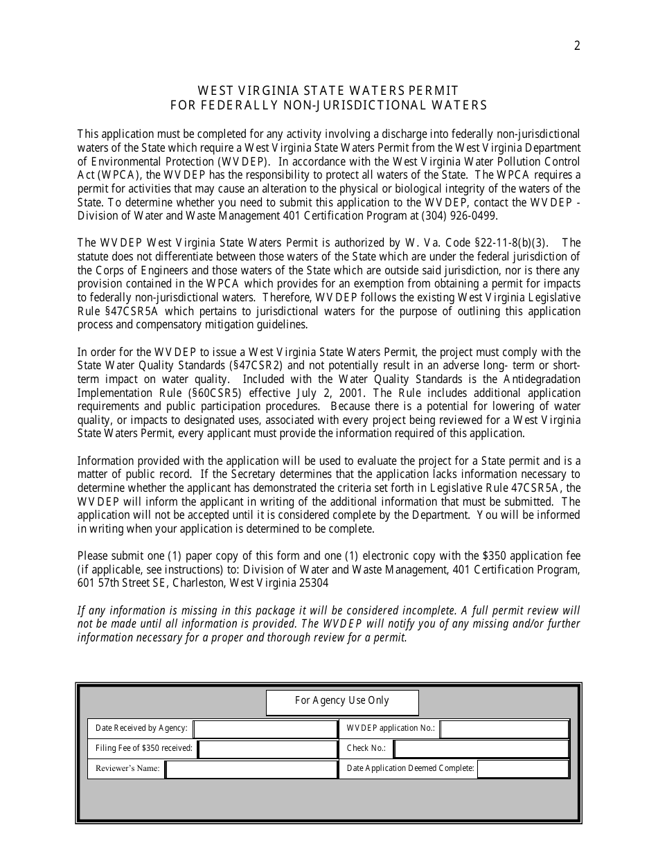 Application for West Virginia State Waters Permit for Federally Non-jurisdictional Waters - West Virginia, Page 2