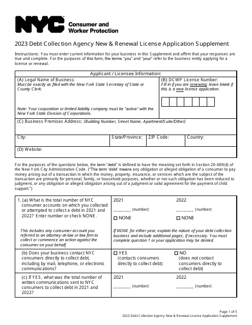 Debt Collection Agency New & Renewal License Application Supplement - New York City Download Pdf