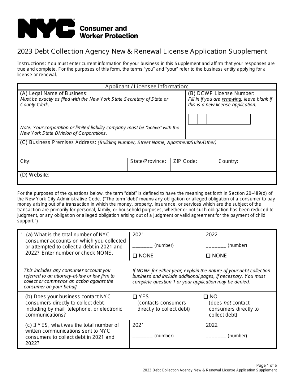 Debt Collection Agency New Renewal License Application Supplement New York City Print Big 