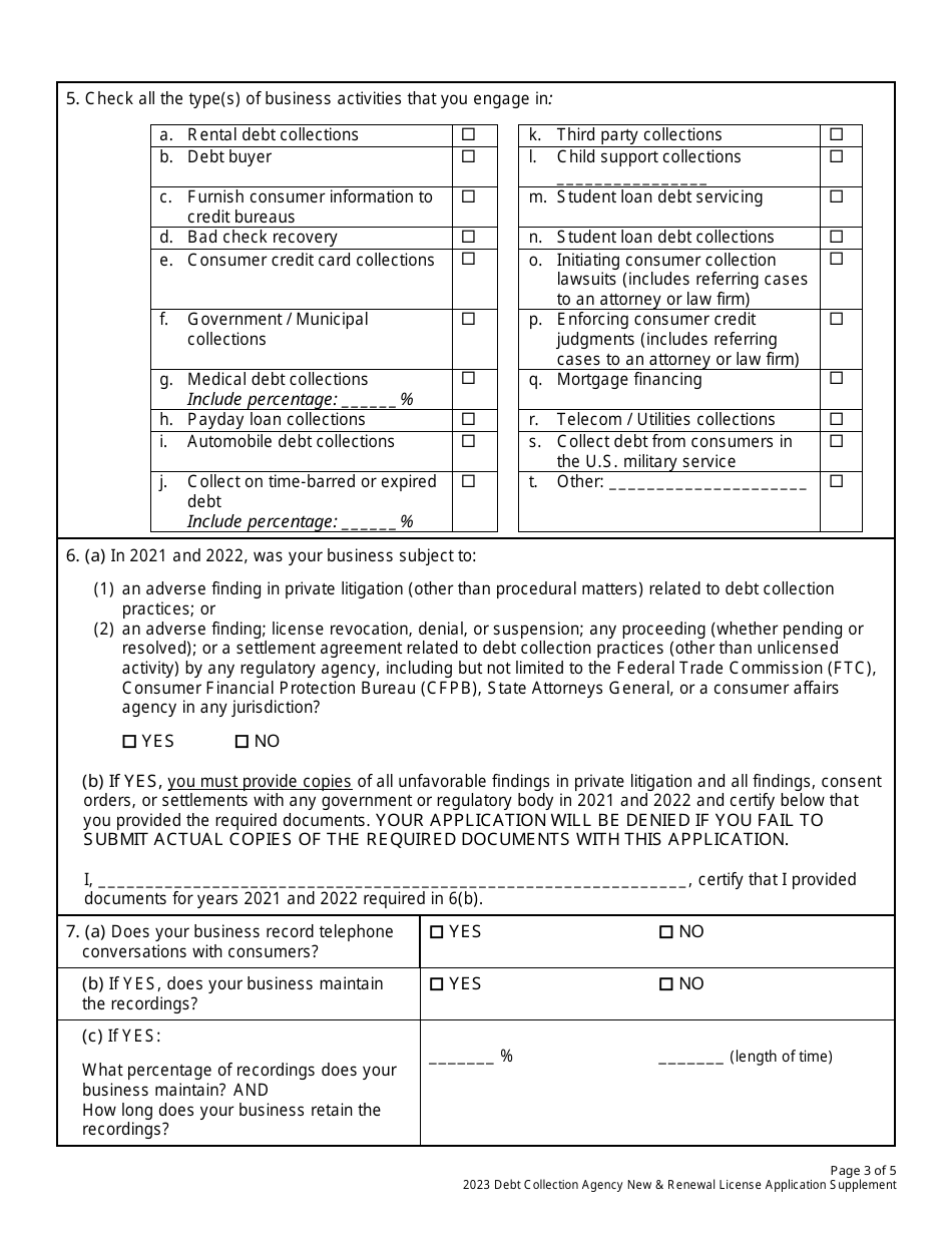 Debt Collection Agency New  Renewal License Application Supplement - New York City, Page 3