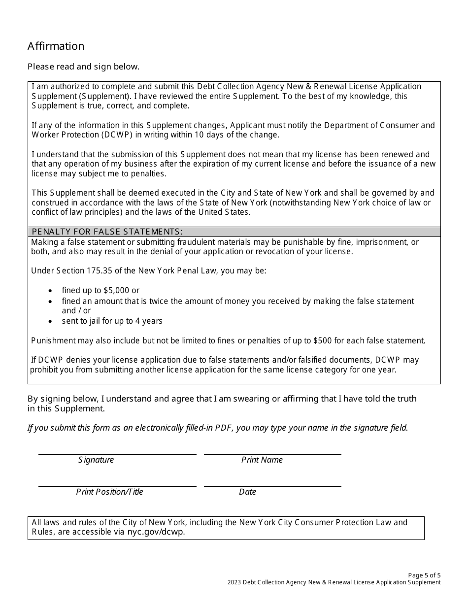 Debt Collection Agency New  Renewal License Application Supplement - New York City, Page 5
