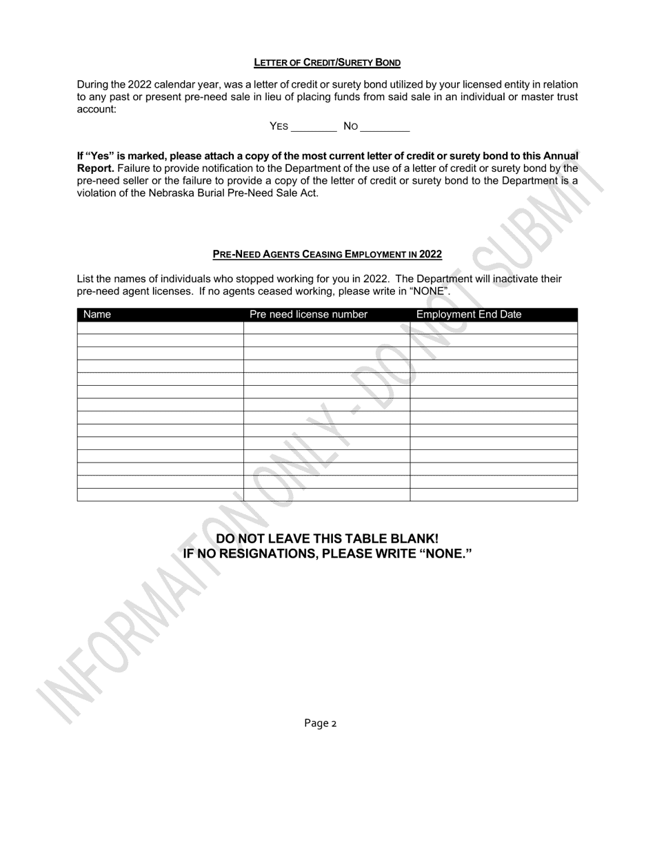 Pre-need Individual Annual Statement - Nebraska, Page 2