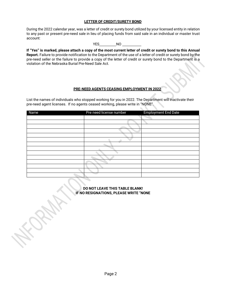 Pre-need Annual Report - Master Trust - Sample - Nebraska, Page 2