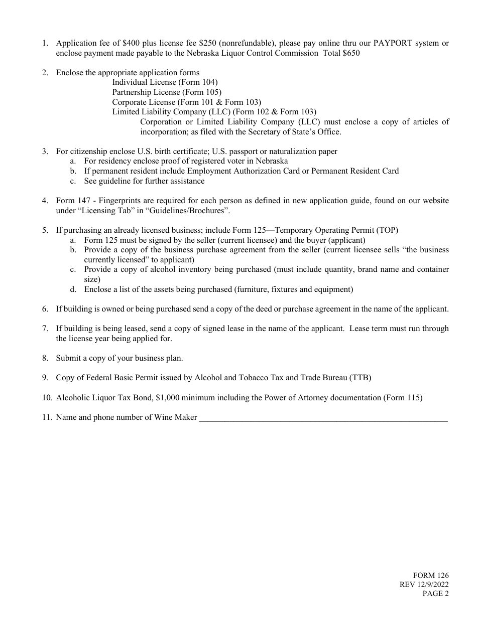 Form 126 Application for Liquor License - Farm Winery - Nebraska, Page 2