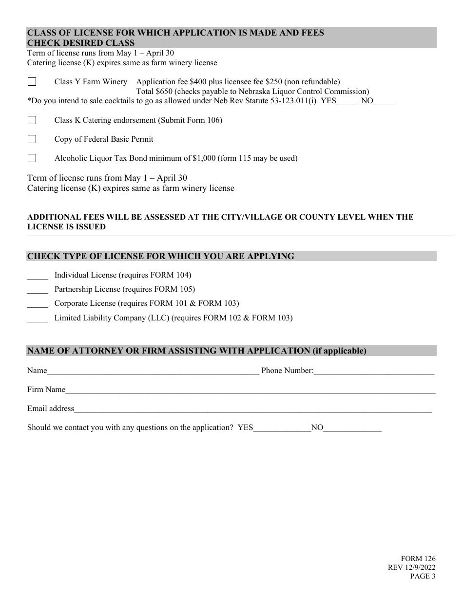 Form 126 Application for Liquor License - Farm Winery - Nebraska, Page 3