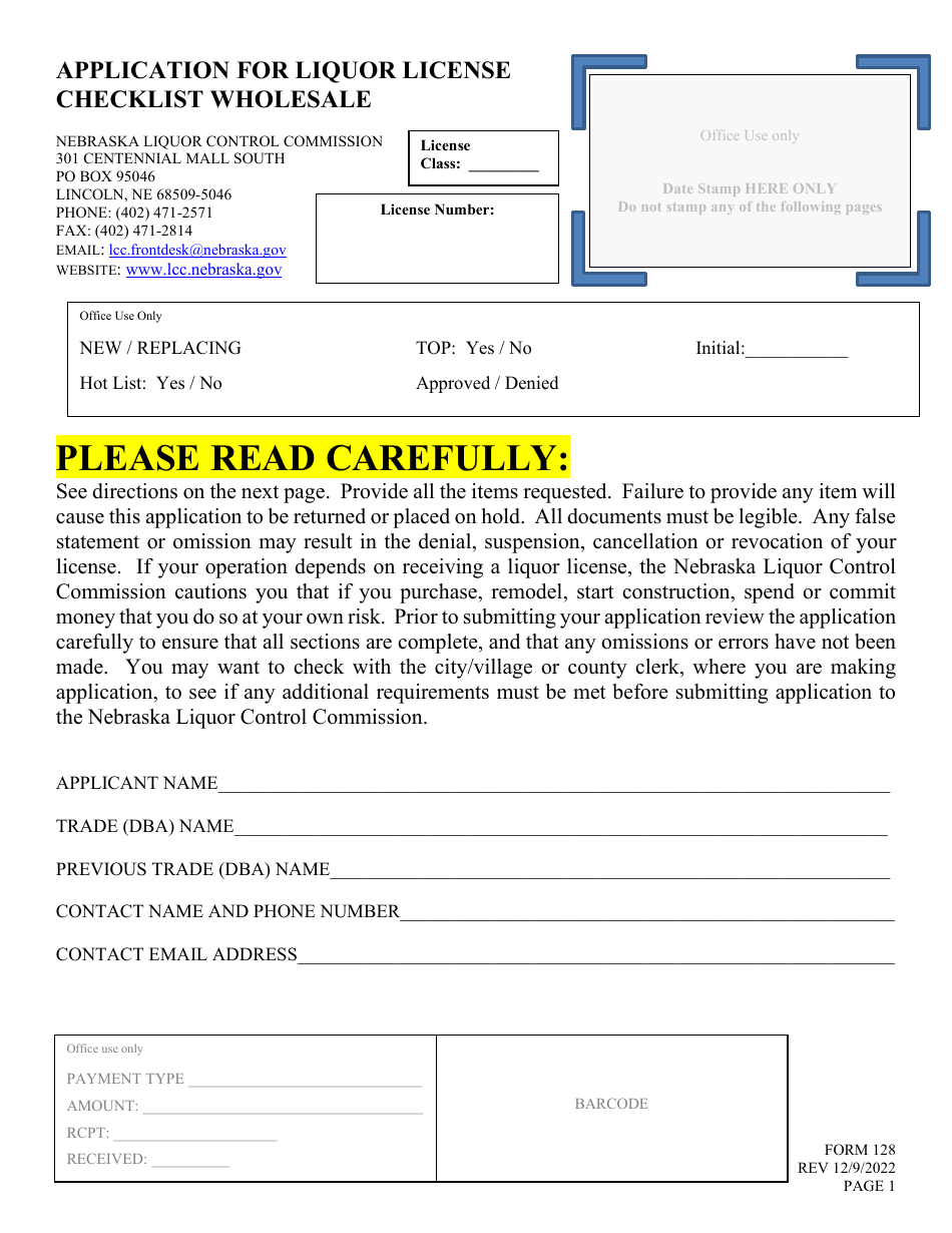 Form 128 Application for Liquor License - Wholesale - Nebraska, Page 1