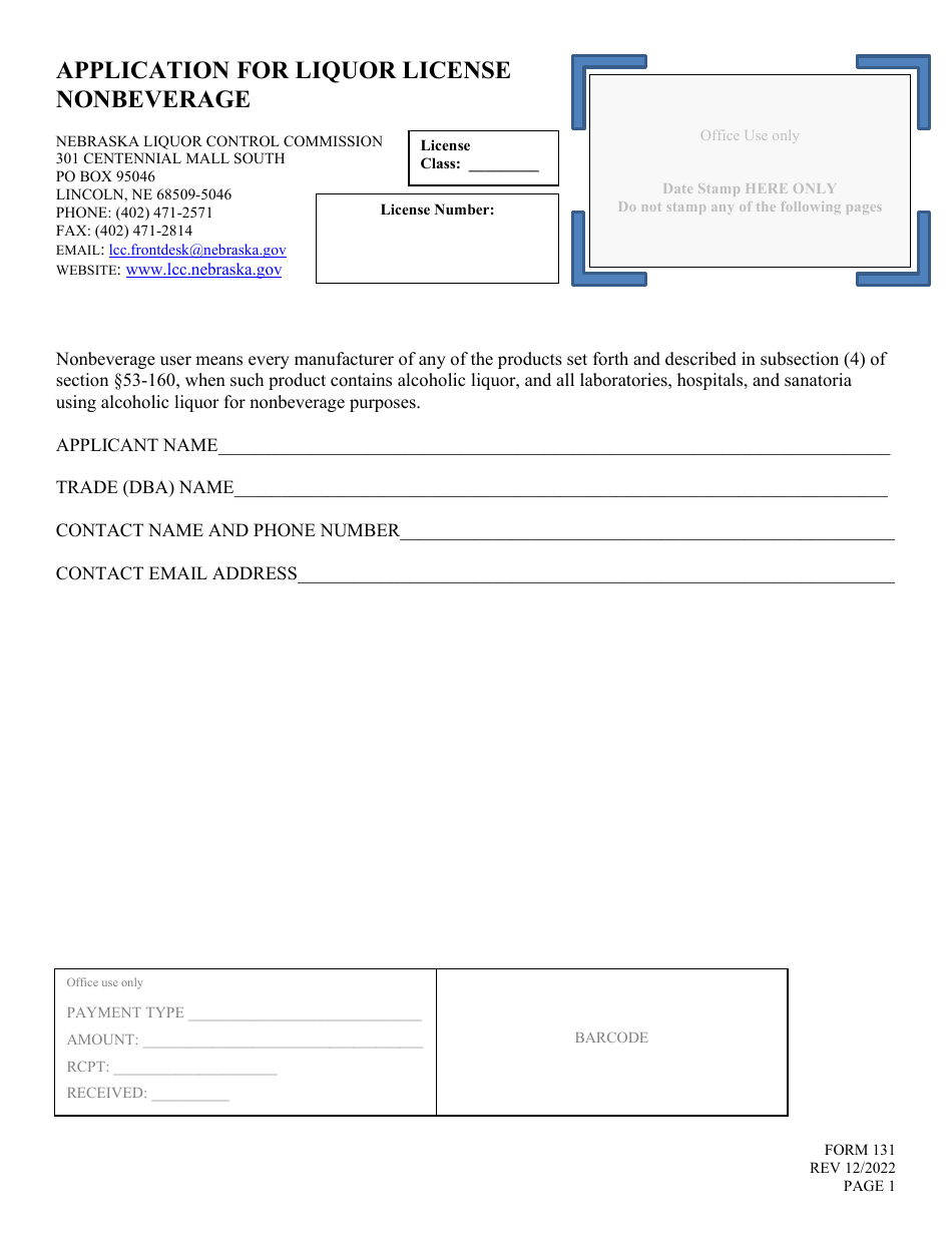 Form 131 Application for Liquor License - Nonbeverage - Nebraska, Page 1