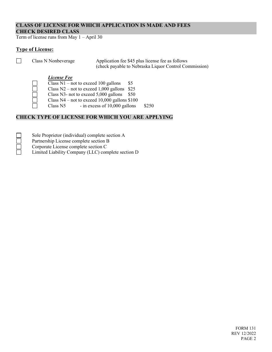Form 131 Application for Liquor License - Nonbeverage - Nebraska, Page 2