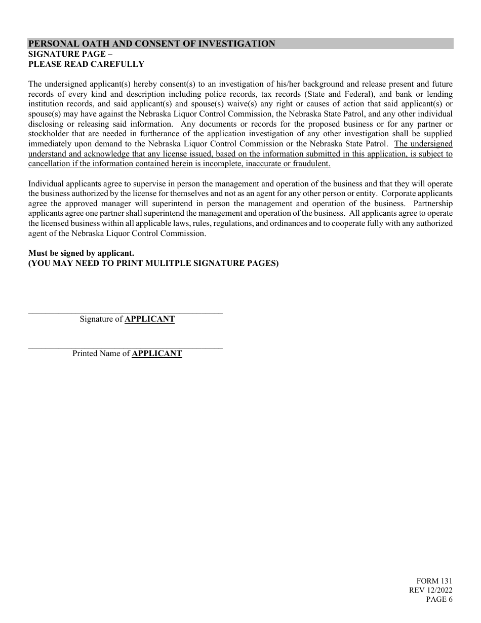 Form 131 Application for Liquor License - Nonbeverage - Nebraska, Page 6