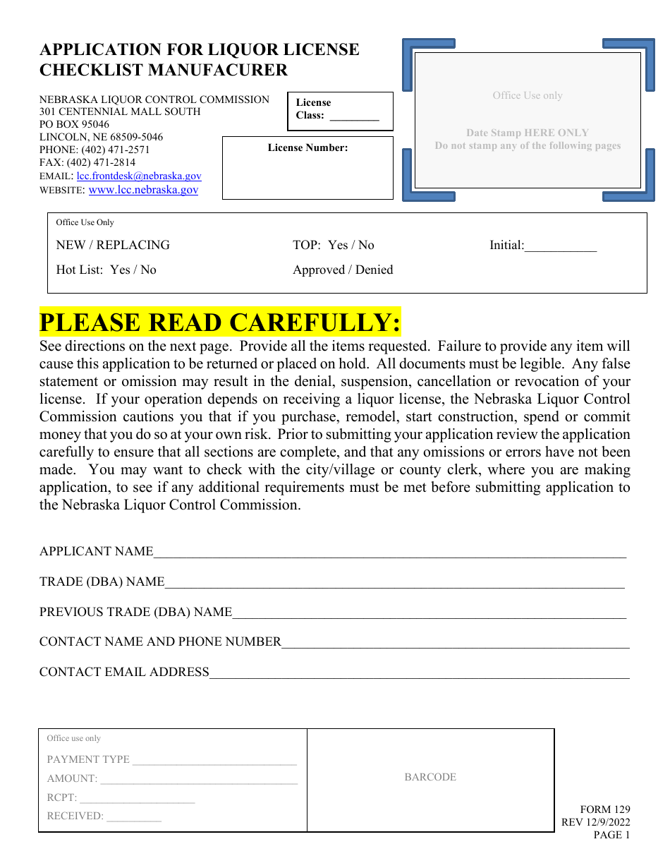 Form 129 Application for Liquor License - Manufacturer - Nebraska, Page 1