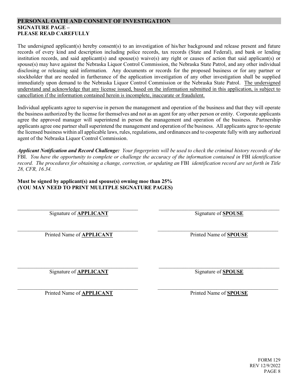 Form 129 Application for Liquor License - Manufacturer - Nebraska, Page 8