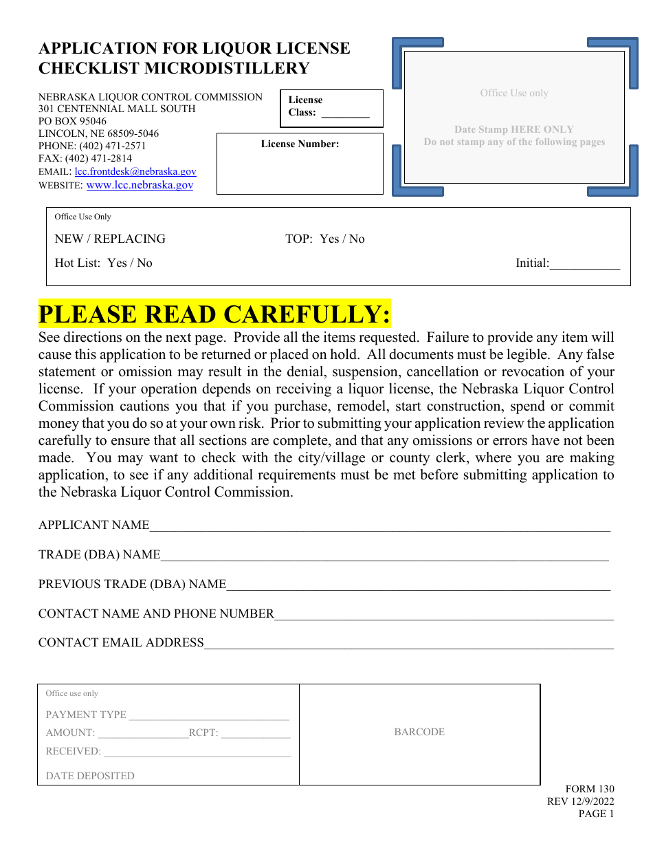 Form 130 Application for Liquor License Checklist Microdistillery - Nebraska, Page 1
