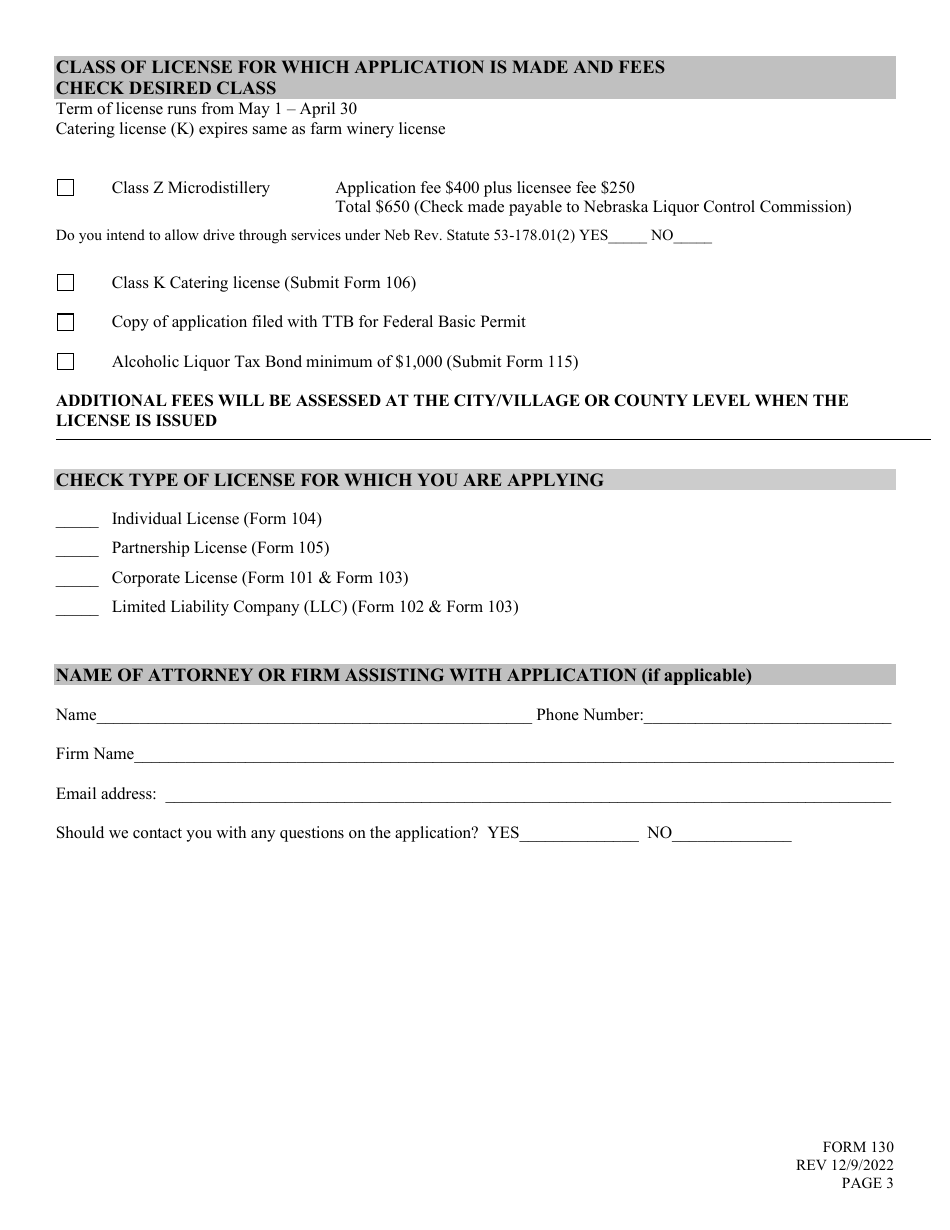 Form 130 Application for Liquor License Checklist Microdistillery - Nebraska, Page 3