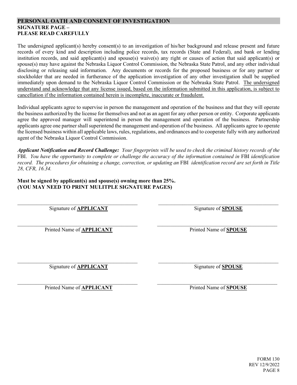 Form 130 Application for Liquor License Checklist Microdistillery - Nebraska, Page 8