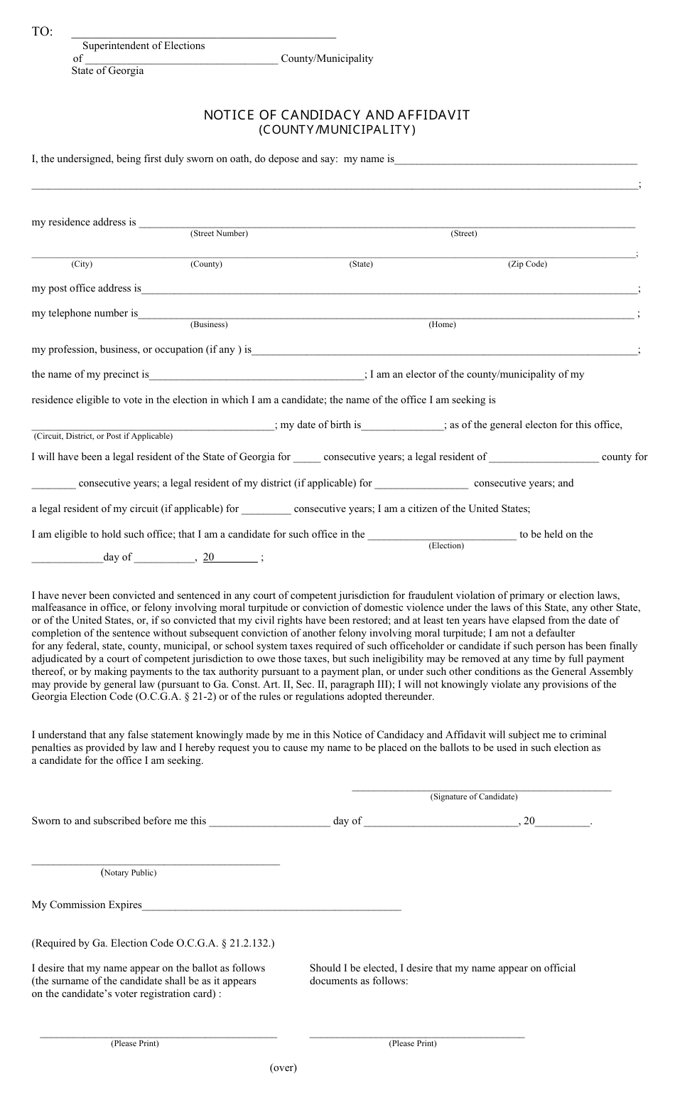 Form NC-CM-20 Notice of Candidacy and Affidavit (County/Municipality) - Nonpartisan - Georgia (United States), Page 1