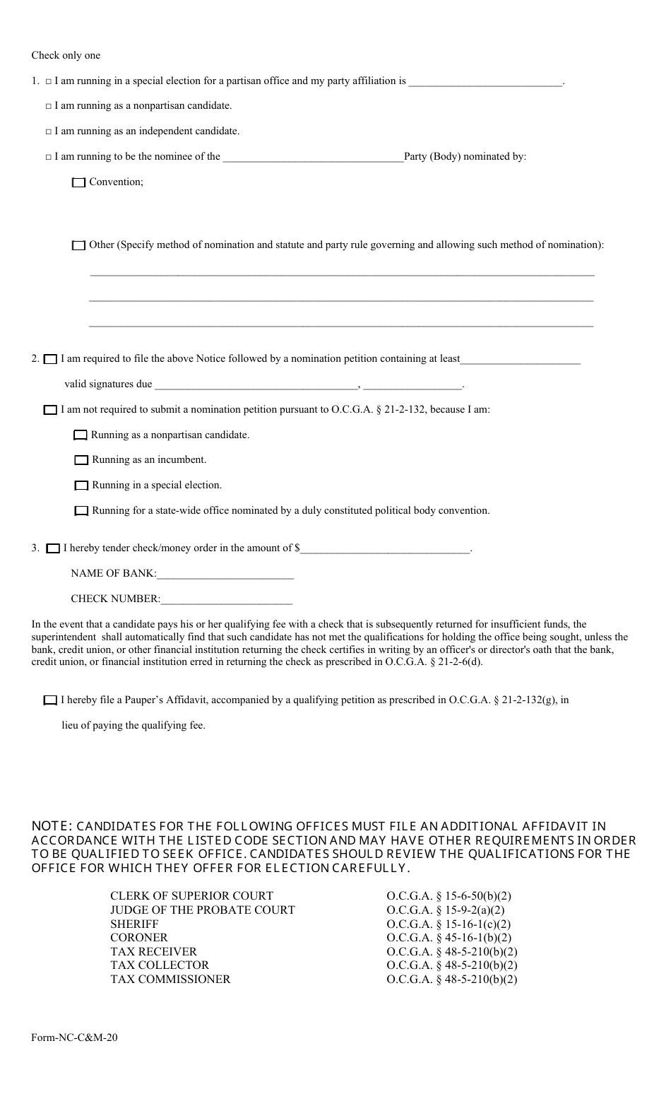 Form NC-CM-20 Notice of Candidacy and Affidavit (County / Municipality) - Nonpartisan - Georgia (United States), Page 2