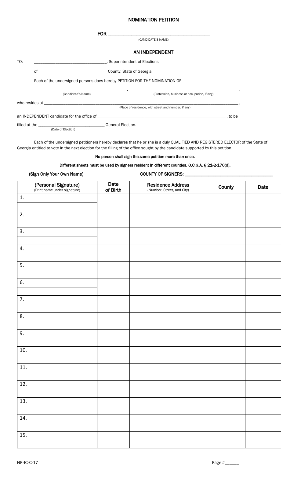 Form NP-IC-C-17 Nomination Petition (County) - Nonpartisan - Georgia (United States), Page 1