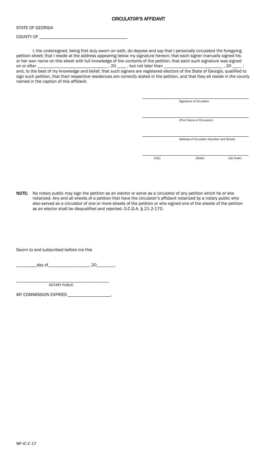 Form NP-IC-C-17 Nomination Petition (County) - Nonpartisan - Georgia (United States), Page 2