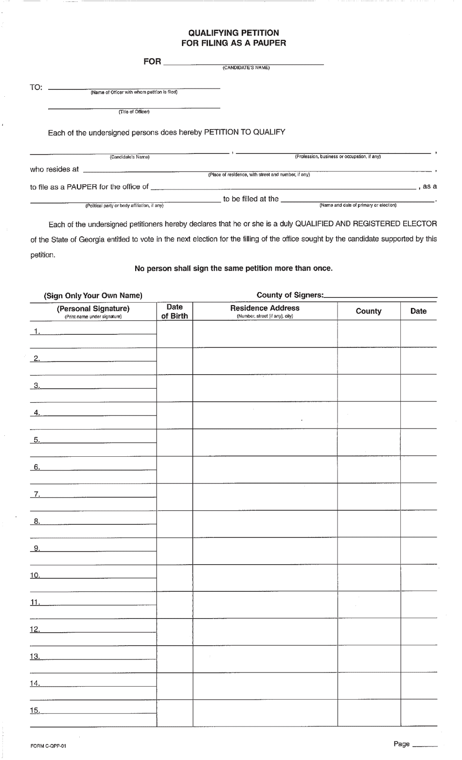 Form C-QPP-01 Paupers Petition and Affidavit - Putnam County, Georgia (United States), Page 1