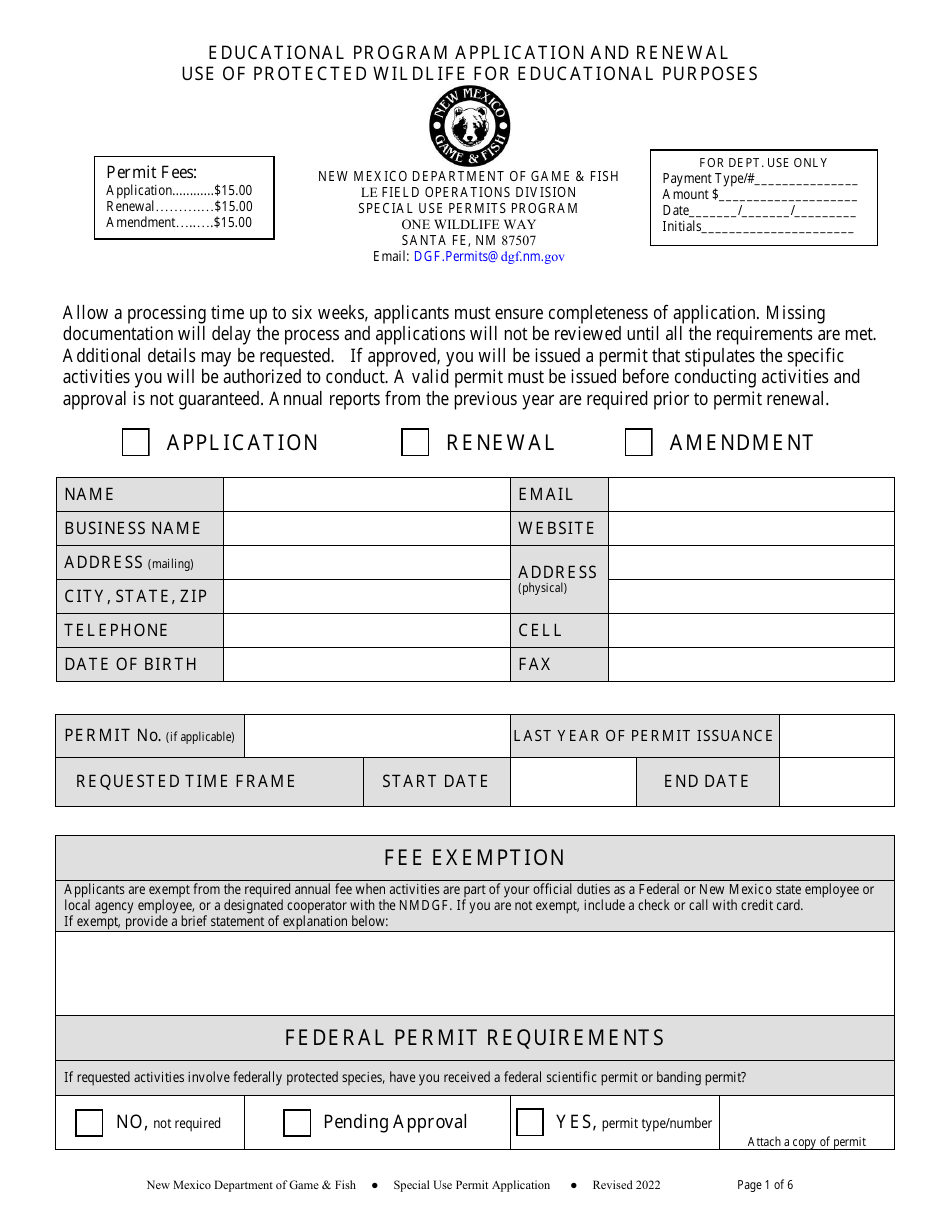 Educational Program Application and Renewal - Use of Protected Wildlife for Educational Purposes - New Mexico, Page 1