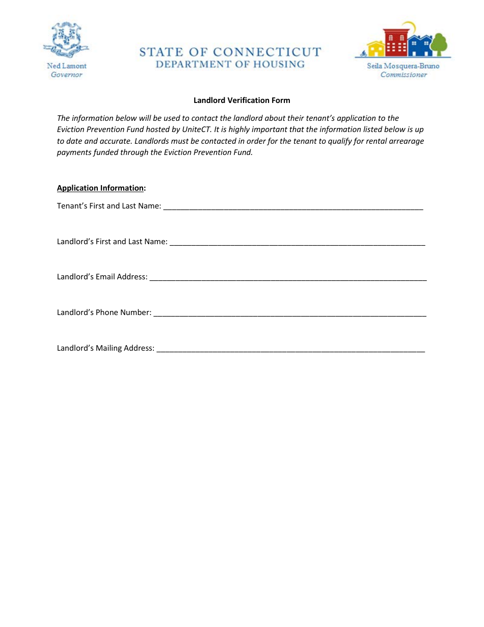 Landlord Verification Form - Unitect Eviction Prevention Fund - Connecticut, Page 1