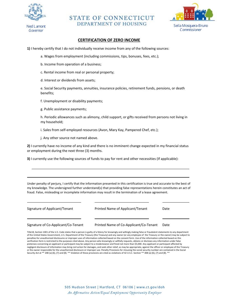 Certification of Zero Income - Connecticut, Page 1
