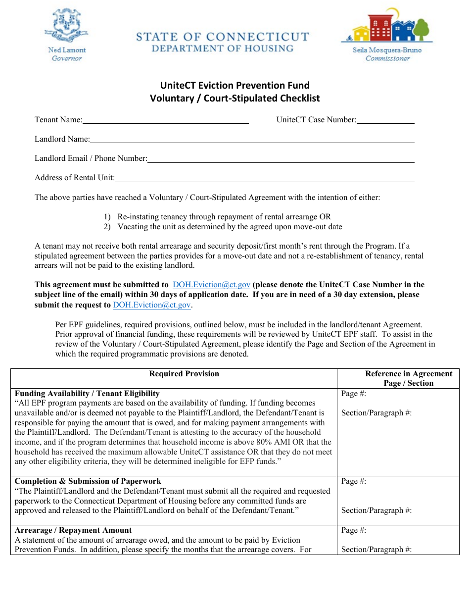 Voluntary / Court-Stipulated Checklist - Unitect Eviction Prevention Fund - Connecticut, Page 1