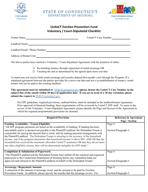 Voluntary/Court-Stipulated Checklist - Unitect Eviction Prevention Fund - Connecticut