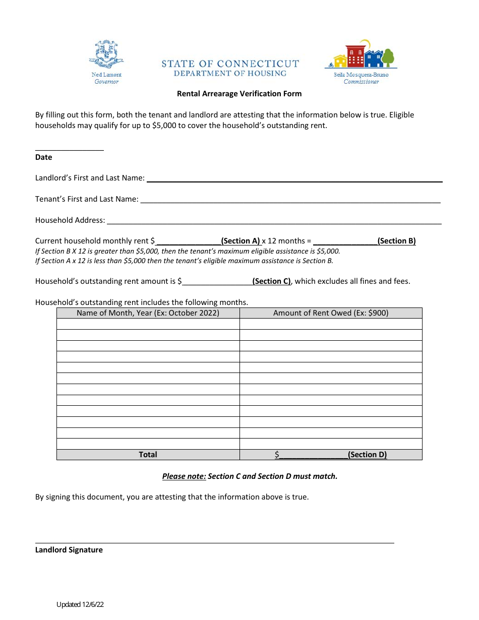 Rental Arrearage Verification Form - Unitect Eviction Prevention Fund - Connecticut, Page 1