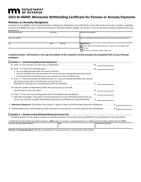 Form W-4MNP Minnesota Withholding Certificate for Pension or Annuity Payments - Minnesota, 2023