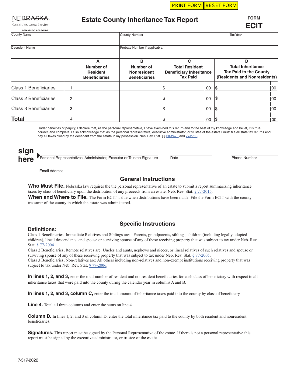 Form ECIT Estate County Inheritance Tax Report - Nebraska, Page 1
