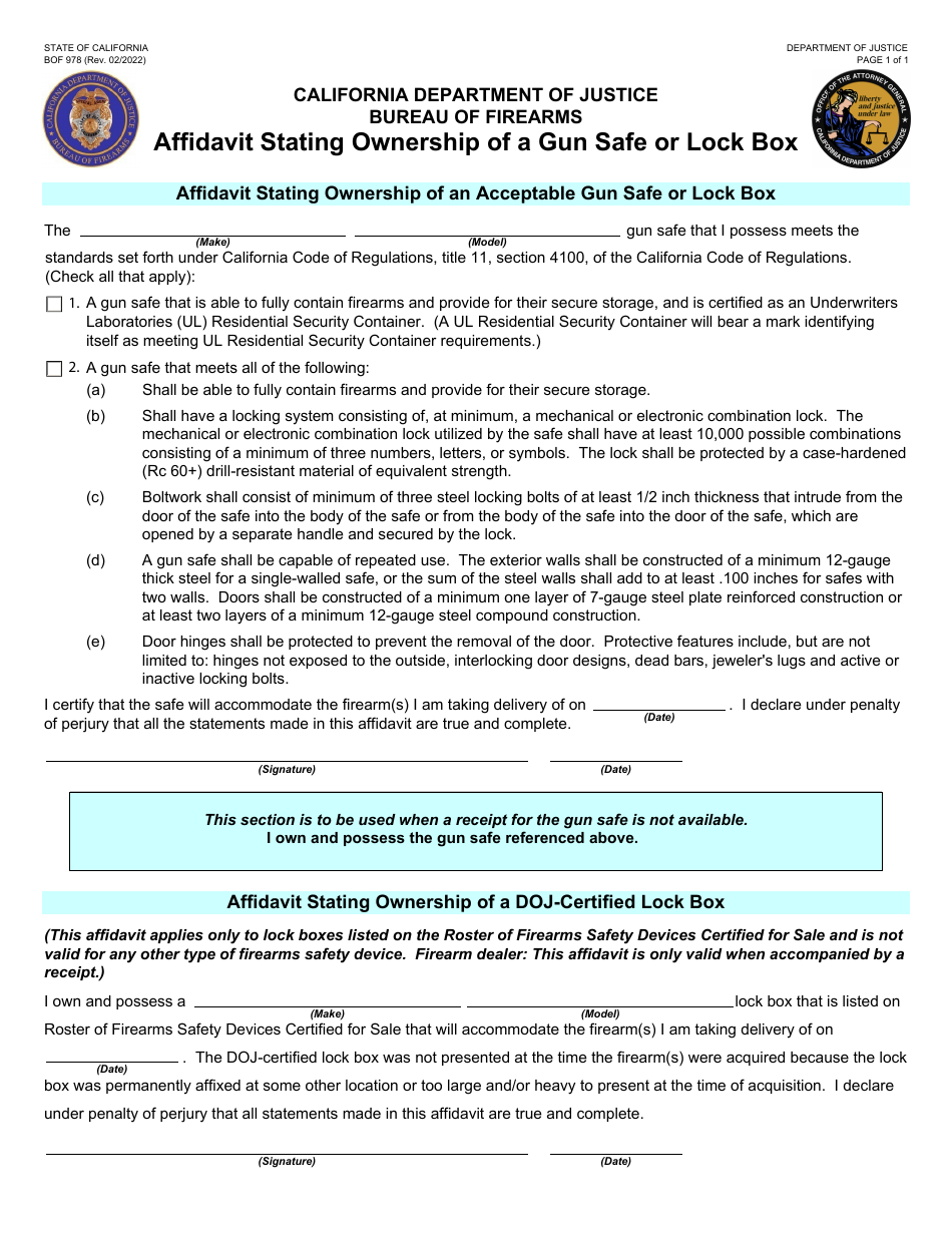 Form BOF978 Affidavit Stating Ownership of a Gun Safe or Lock Box - California, Page 1